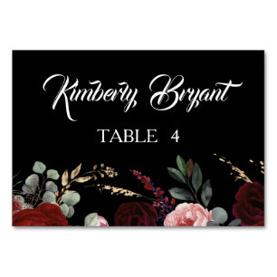Black Burgundy Red Floral Individual Names Place Table Number