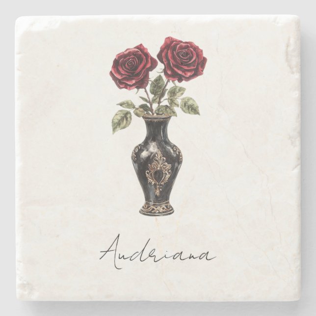 Black Burgundy Red Floral Vase Stone Coaster (Front)