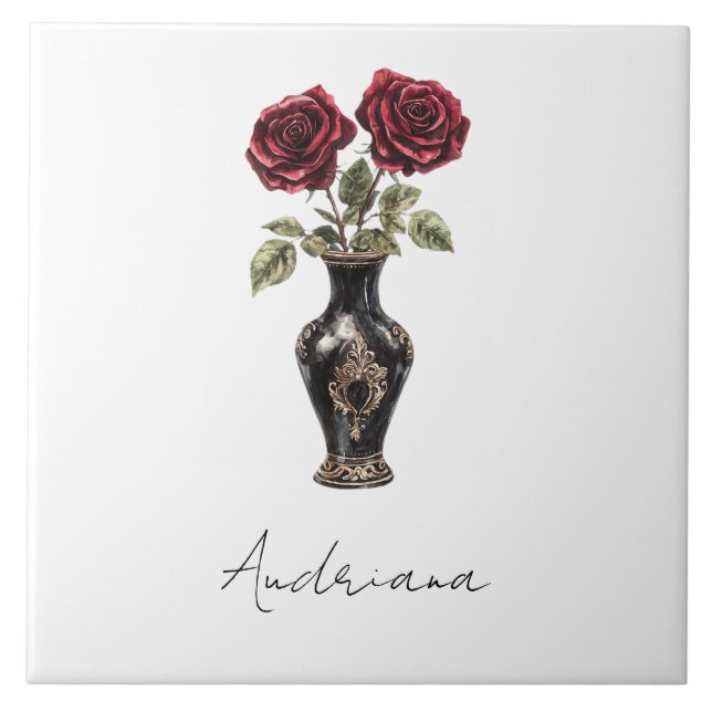 Black Burgundy Red Floral Vase Tile (Front)