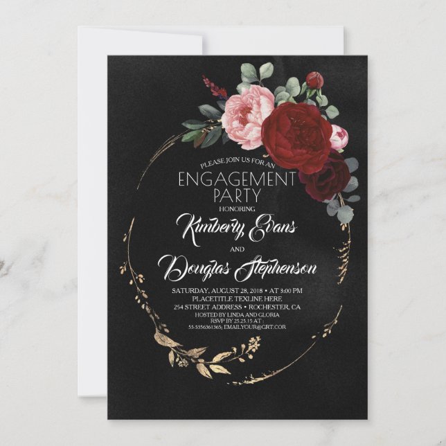 Black Burgundy Red Gold Floral Engagement Party Invitation (Front)