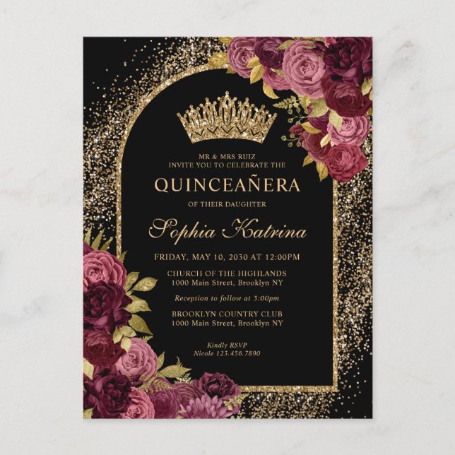 Black Burgundy Red Gold Glitter Floral Quinceanera Invitation Postcard (Front)
