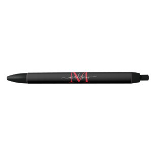 Black Burgundy Red Monogram Elegant Script Name Black Ink Pen