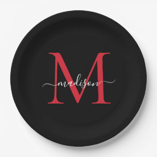 Black Burgundy Red Monogram Modern Elegant Script Paper Plate