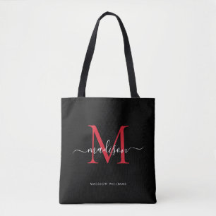 Black Burgundy Red Monogram Script Name Initial Tote Bag