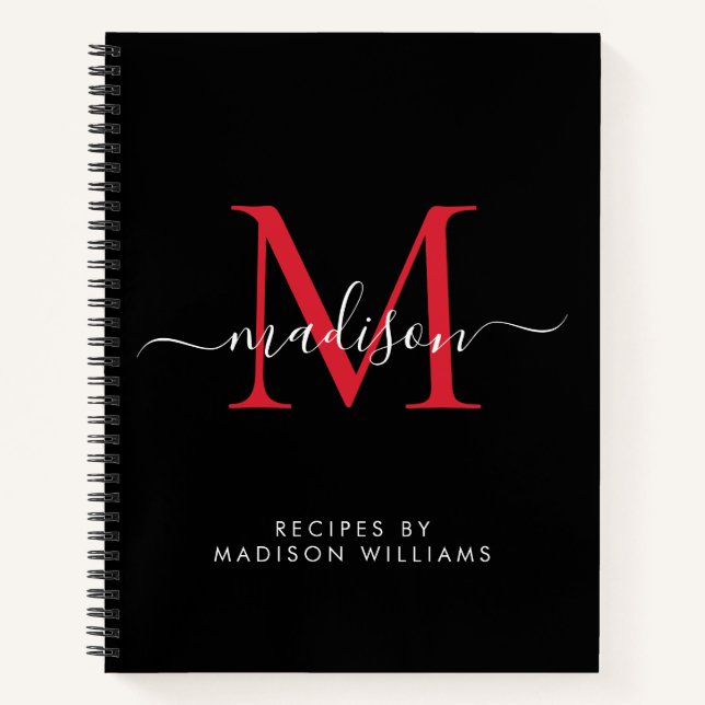 Black Burgundy Red Monogram Script Name Recipe Notebook (Front)