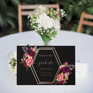 Black burgundy rose geometric floral Graduation Guest Book