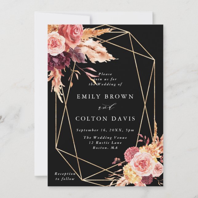 Black Burgundy Terracotta Gold Geometric Wedding Invitation (Front)