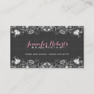 Black Burlap Linen & White Floral & Lace Business Card