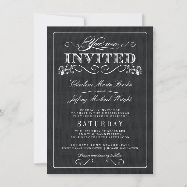Black Burlap Rustic Wedding Invitations (Front)
