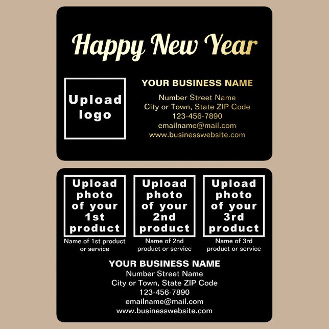 Black Business Brand on New Year Rectangle (Black business brand with products or services on New Year rectangle foil holiday card.)