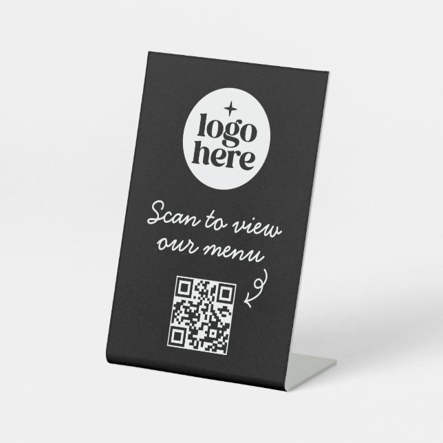 Black Business Logo Menu QR Code Pedestal Sign (Front)