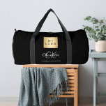 Black business logo name monogram duffle bag<br><div class="desc">Black background,  white and grey text. Personalise and add your business logo,  first name,  monogram initials and full name.</div>