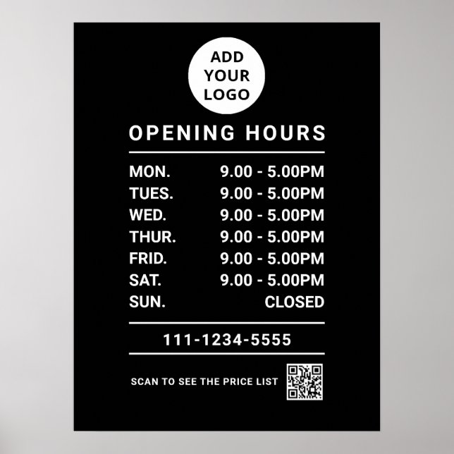 Black Business Opening Hours logo and qr code Poster (Front)