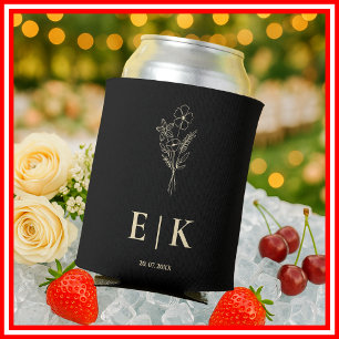 Black & Butter Yellow Monogram Wildflower Wedding Can Cooler