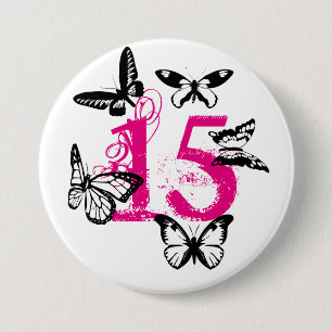 Black butterflies on pink '15' button. 7.5 cm round badge