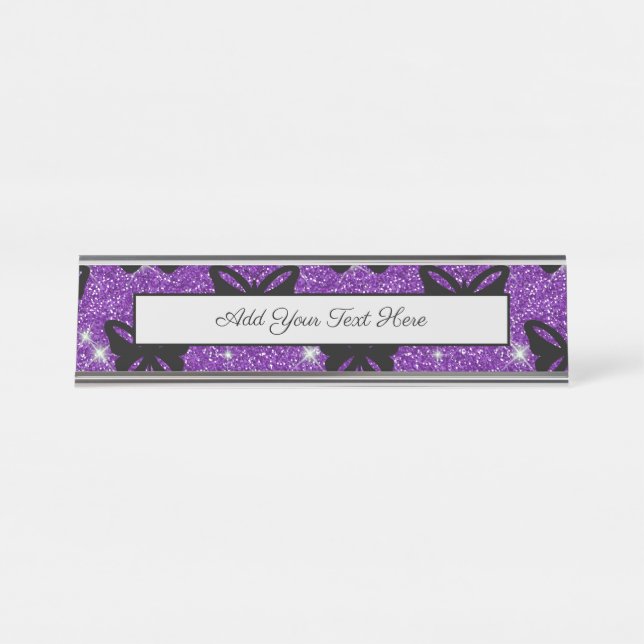 Black Butterflies Purple Glitter Fly Insect Animal Desk Name Plate (Front)