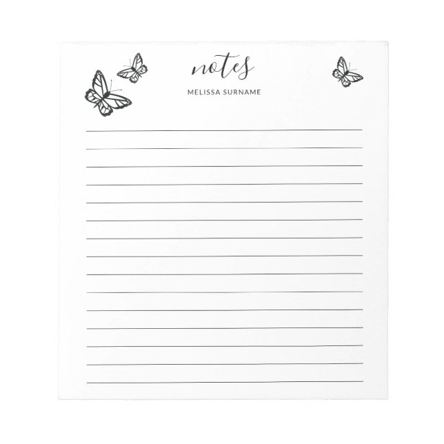 Black Butterflies With Personalizable Name Lined Notepad (Front)