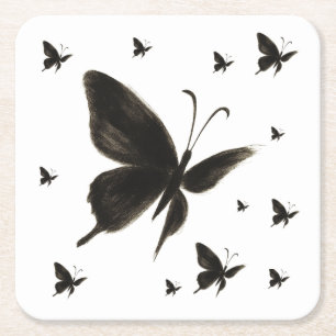 Black Butterfly – Elegant Winged Design on Square Paper Coaster