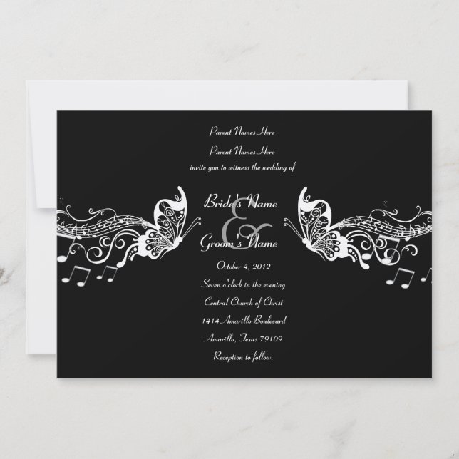 Black Butterfly Music Fidelity Wedding Invitations (Front)