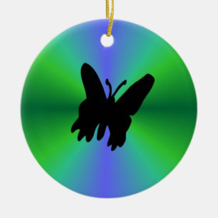 Black Butterfly on Blue green rainbow Ceramic Tree Decoration