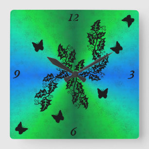 black Butterfly on  blue green Rainbow Square Wall Clock
