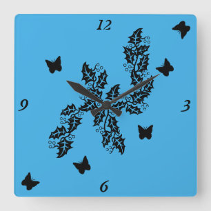 black Butterfly on Blue Square Wall Clock