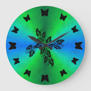 black Butterfly on green rainbow in leather optics Large Clock