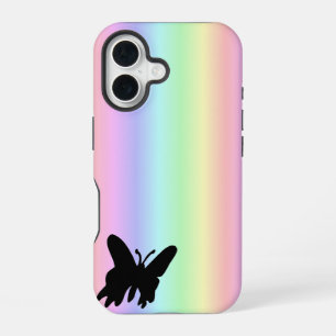 Black Butterfly on Pastell Rainbow iPhone 16 Case
