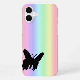 Black Butterfly on Pastell Rainbow iPhone 16 Plus Case