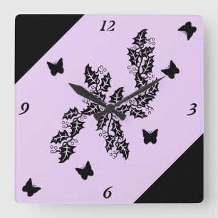 black Butterfly on Purple Square Wall Clock