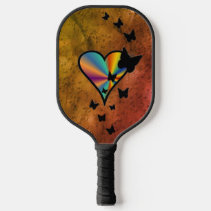 Black Butterfly on Rainbow Heart Pickleball Paddle