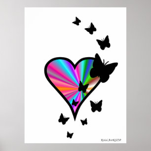 Black Butterfly on Rainbow Heart Poster