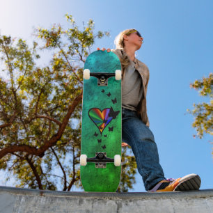 Black Butterfly on Rainbow Heart Skateboard
