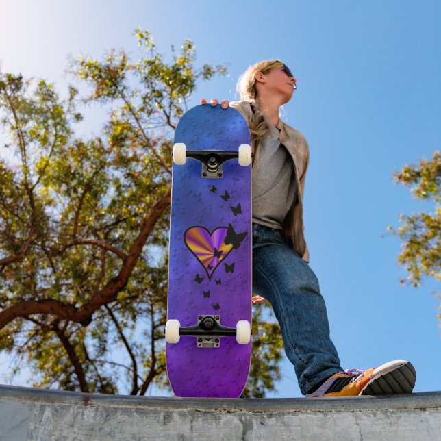 Black Butterfly on Rainbow Heart Skateboard (Outdoor 1)