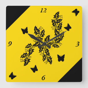 black Butterfly on  Yellow Square Wall Clock
