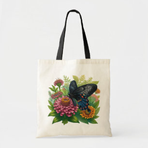 Black Butterfly Savouring a Pink Zinnia Among Gree Tote Bag