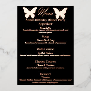 Black Butterfly-Themed Birthday Dinner Party Menu