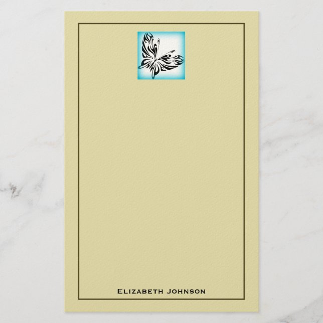 Black Butterfly with Blue Border Personalised Stationery (Front)
