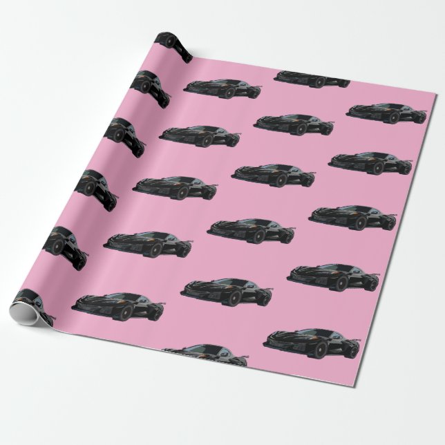 Black C8 Corvette Sports Car Hand Drawn Sketch Wrapping Paper (Unrolled)