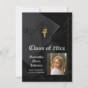 Black Caduceus Medical or Nursing Photo Graduation Invitation