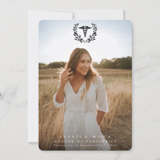 Black Caduceus Medical School 2 Photo Graduation Announcement (Front)