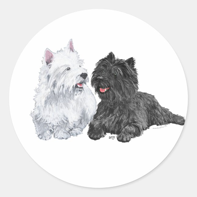 Black Cairn and West Highland Terriers Classic Round Sticker (Front)