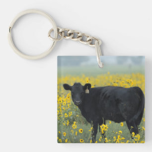 Black Calf in a Field of Sunflowers Key Ring