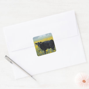 Black Calf in a Field of Sunflowers Square Sticker