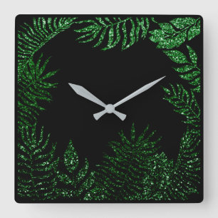 Black Cali Deep Green Palm Tree Botanical Glitter Square Wall Clock