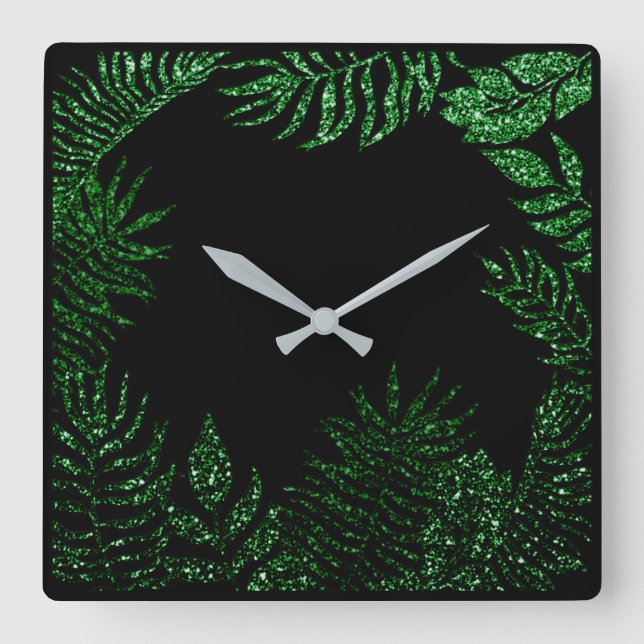 Black Cali Deep Green Palm Tree Botanical Glitter Square Wall Clock (Front)