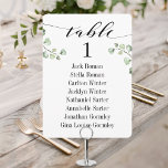 Black Calligraphy Greenery Seating Chart Cards 8<br><div class="desc">Swashed font black calligraphy writing against crisp white paper with green eucalyptus sprigs for eight guests table chart cards.</div>