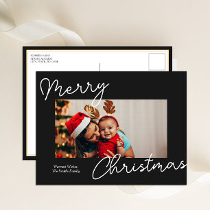 Black Calligraphy Merry Christmas Modern Photo Holiday Postcard