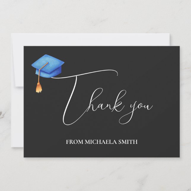 Black Calligraphy Script Blue Cap Graduation Thank You Card (Front)