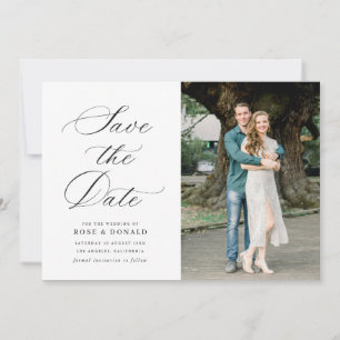 Black calligraphy script wedding save the date invitation